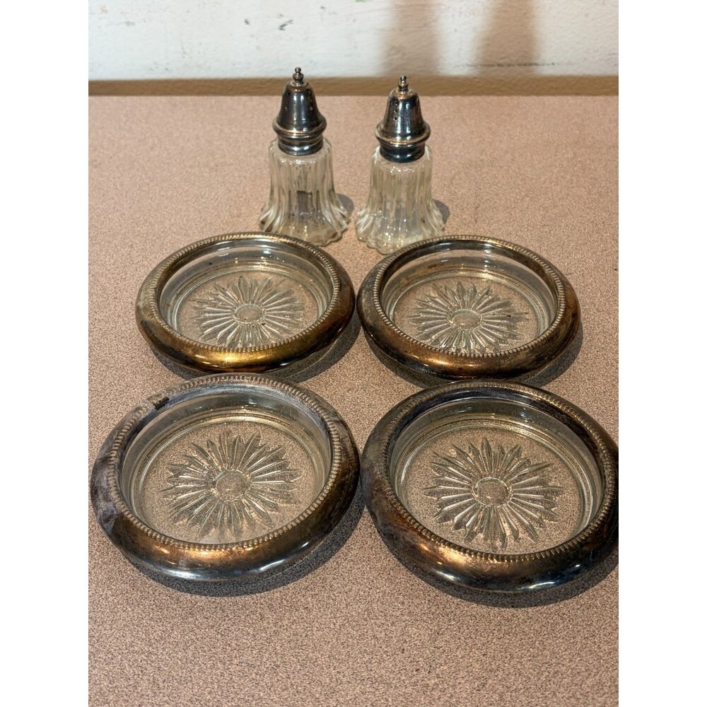 Set 4 Lenord Italy Vintage 1960 sunburst glass coaster silver plated rim w S&P